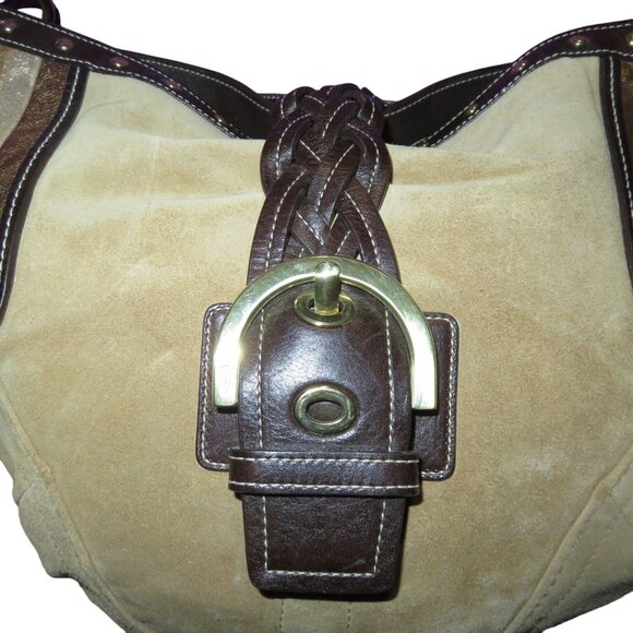 COACH 2006 Maggie Brass Studded Metallic Tan Suede & Brown Leather  Hobo Bag - Picture 10 of 12